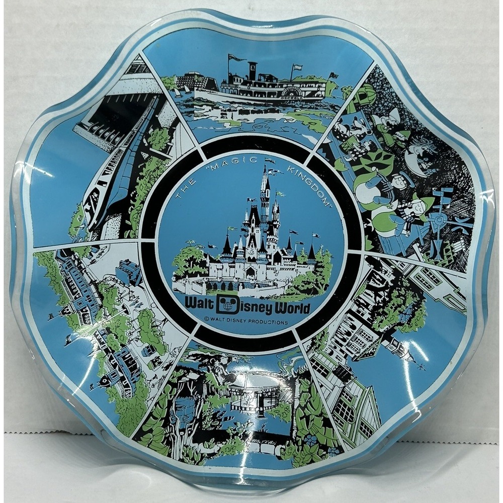 Walt Disney World Scalloped Fluted Souvenir Glass Ashtray Candy‎ 7" Dish 70s VTG